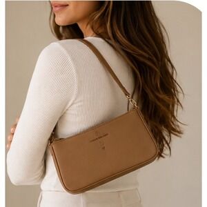 Amelie Galanti Tan Brown Vegan Leather Shoulder Bag Gold Hardware Crossbody